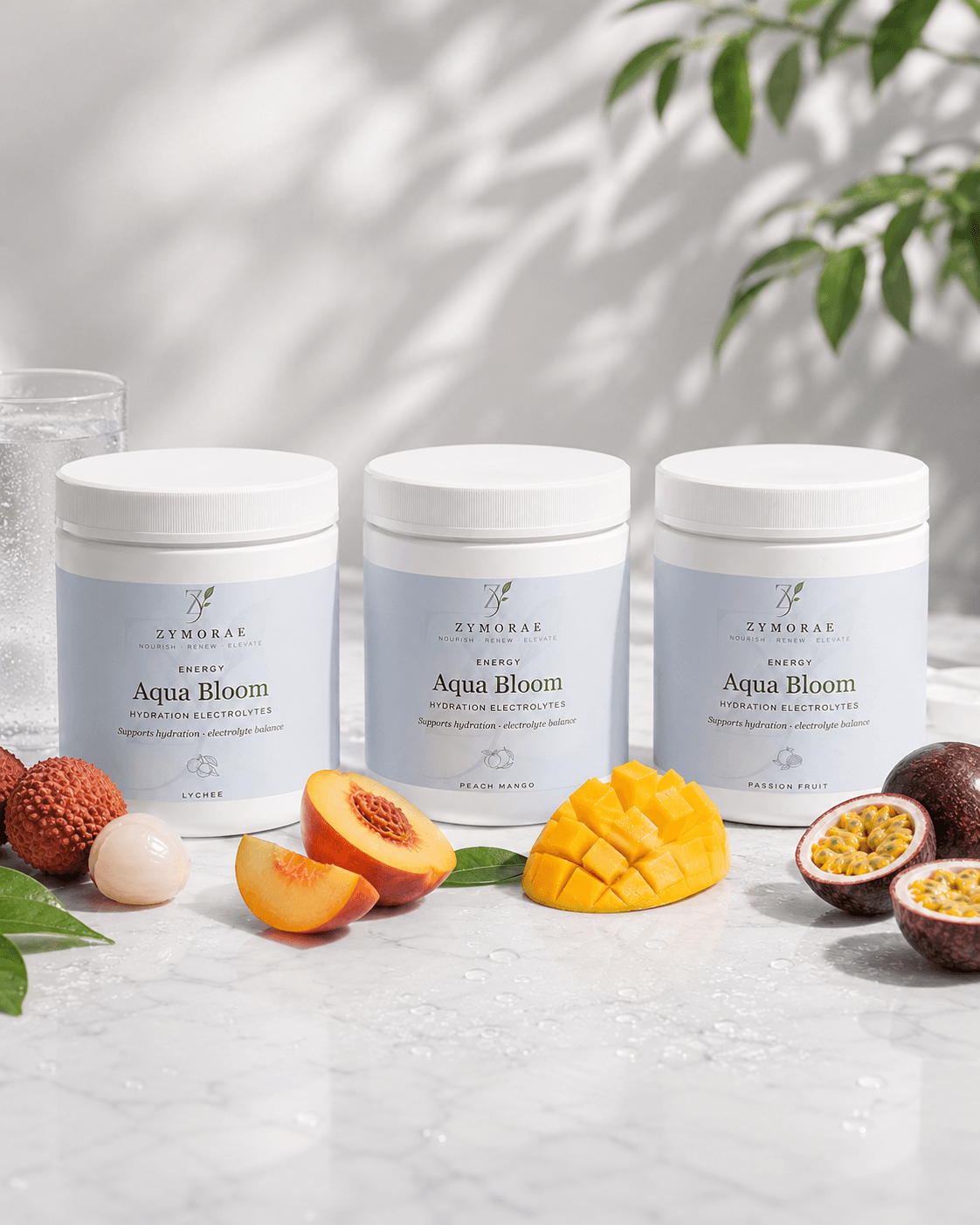 Aqua Bloom hydration electrolyte mockup with three flavors