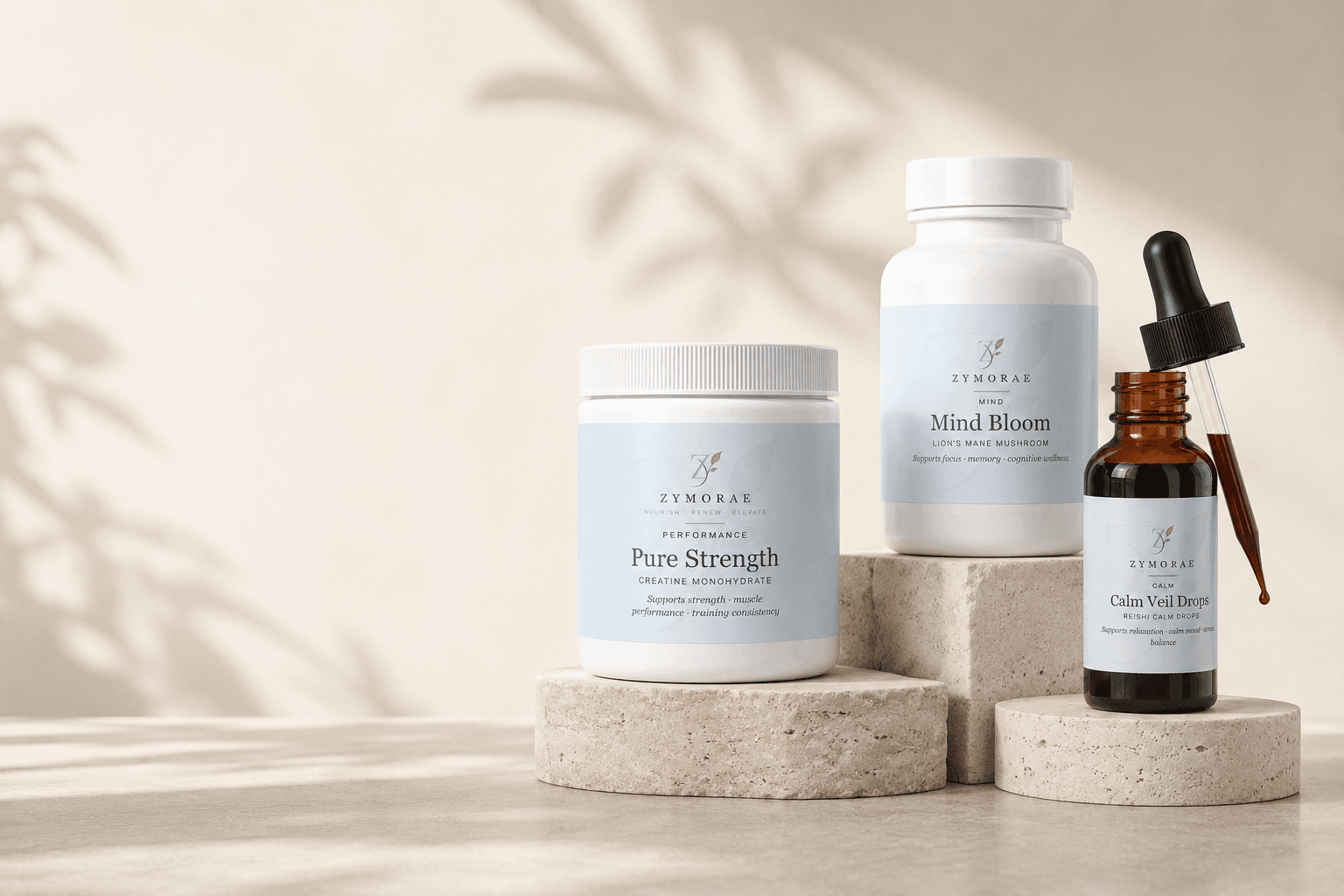 ZYMORAE supplements arranged on travertine stone pedestals